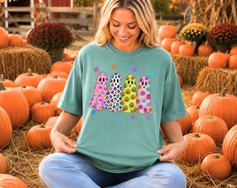 Comfort Colors® Colorful Ghost Pattern Halloween Shirt, Funny Quirky Ghost Design for Party, Playful Halloween Shirt for Festive Events