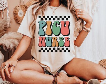 Retro PICU Nurse Shirt, Colorful Checkerboard Design for Healthcare Professionals, Nurse Appreciation Gift, Pediatric Nurse Pride