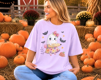 Custom Name Halloween Teacher Shirt, Cute Ghost Personalized Tee, Cute Creepy Classroom Shirt, Fall Season Teacher Gift