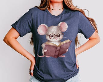 Mouse Reading Book Shirt, Cute Whimsical Animal Reader Graphic Tee for Cozy Book Lovers and Library Lovers, Storybook Inspired Outfit Style