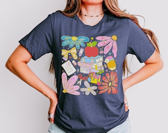 Floral Books Apple Shirt, Cozy Teacher And Reader Graphic Tee for Book Lover and Educators, Literary Inspired Outfit, Trendy Shirt Style
