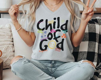 Child Of God Smiley Face Shirt, Cute Christian Faith Graphic Tee for Church Worship Gatherings and Trendy Spiritual Outfit Style