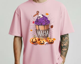 Comfort Colors® Halloween Mama Shirt, Creepy Skull Cupcake Tee, Autumn Pumpkin Leaves Design, Festive Halloween Party Apparel for Moms