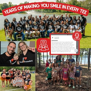 The image is a collage of various photos depicting a group of people, including children, wearing matching T-shirts and posing together. The collage also includes a text overlay that reads "YEARS OF MAKING YOU SMILES IN EVERY TEE" and a social media post with a rating of 4.5 stars.