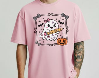 Comfort Colors® Personalized Ghost Teacher Halloween Shirt, Kawaii Teacher Graphic Shirt, Cute Autumn Gift for Educators