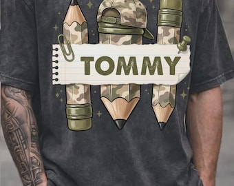 Comfort Colors® Personalized Camouflage Pencil  Shirt, Custom Name First Day of School Tee, Cute Military Pencil Graphic Shirt