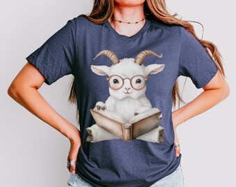 Cute Goat Reading Book Shirt, Whimsical Animal Reader Graphic Tee for Cozy Book and Farm Animal Lovers, Literary Outfit Style