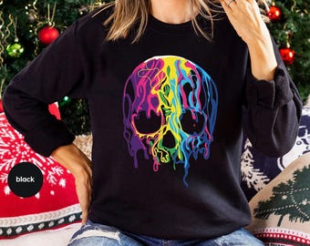 Rainbows Skulls Sweatshirt, Spooky Tee,Skulls Shirt,Goth Shirt,Skeleton Hoodie,Skulls Clothing,Trendy Shirt For Women, Aesthetic Long Sleeve