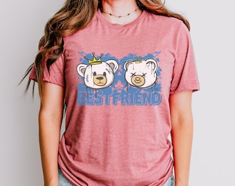 Best Friend Cartoon Bear Shirt, Playful Friendship Graphic Tee, Cute Bear Heads Design for Youthful Friends, Fun Gift for Pal