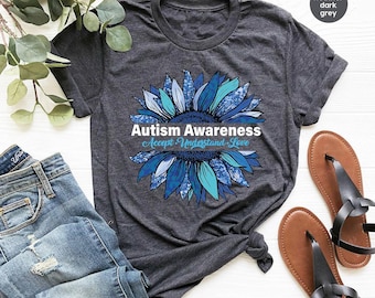 Floral Autism Awareness Shirt, Sunflower Graphic Tees, Autism Mom Gifts, Autism Support VNeck TShirt, Awareness Month Clothing, Gift for Her