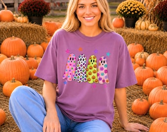 Comfort Colors® Colorful Ghost Pattern Halloween Shirt, Funny Quirky Ghost Design for Party, Playful Halloween Shirt for Festive Events