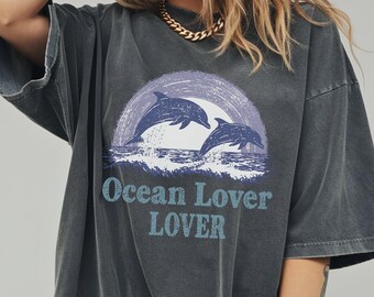 Comfort Colors®Ocean Lover Shirt, Summer Beach Design with Dolphins and Waves, Marine Conservation Graphic Unisex Tank Top