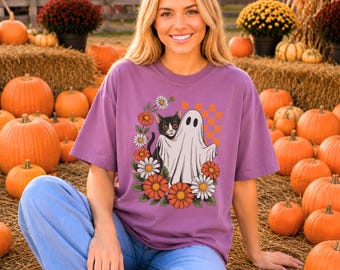 Comfort Colors® Cat Ghost Halloween Shirt, Playful Vintage Floral Design for Cat Lovers, Cute Halloween Graphic Apparel