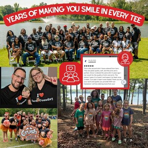 The image is a collage of various photos depicting a group of people, including children, wearing matching T-shirts and posing together. The collage also includes a large group photo, a smaller group photo, and a text overlay that reads "YEARS OF MAKING YOU SMILES IN EVERY TEE".