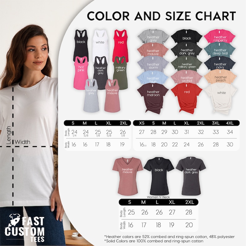 May include: Color and size chart for t-shirts and tank tops. The chart shows different colors and sizes available for both regular and V-neck styles. The chart also includes the body length and width measurements for each size.