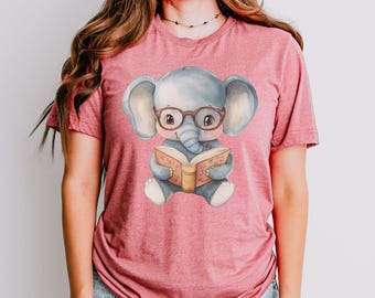 Elephant Reading Book Shirt, Cute Animal Reader Graphic Tee for Cozy Book and Wildlife Lovers, Literary Outfit