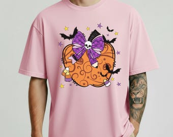 Comfort Colors® Halloween Pumpkin Shirt, Gothic Skull Bow Tee for Halloween Lover, Quirky Candy Corn Fall Graphic, Halloween Shirt
