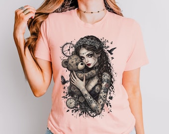 Camisa gótica steampunk, ropa con diseño de tatuajes para Halloween, estética oscura y vanguardista para entusiastas de la moda alternativa, diseño de tocado floral.