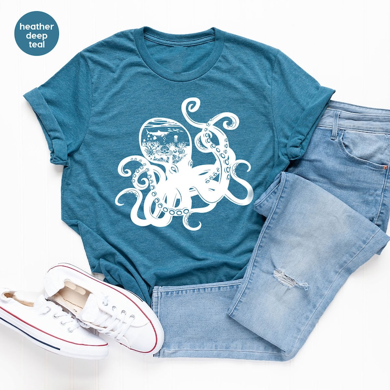 Octopus Graphic Tees, Ocean Shirt, Sea Animals Gift, Octopus Clothing, Cool Octopus Toddler Shirt, Women VNeck TShirt, Gift for Him image 3