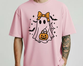Comfort Colors® Cute Ghost Bow Halloween Shirt, Cute Fall Graphic Tee for Autumn Festivals, Cute Haloowen Shirt