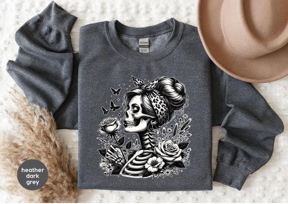 Cool Floral Skeleton Sweatshirt, Halloween Long Sleeve Shirt, Skeleton Clothing, Retro Flower Skull Tee, Women Skull Hoodie, Halloween Gift