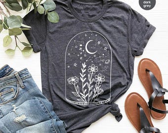 Moon Graphic Tees, Floral Shirt, Vintage T-Shirt, Birth Flower Shirt, Plant Crewneck Sweatshirt, Gift for Her, Botanical Shirt, Retro Shirt