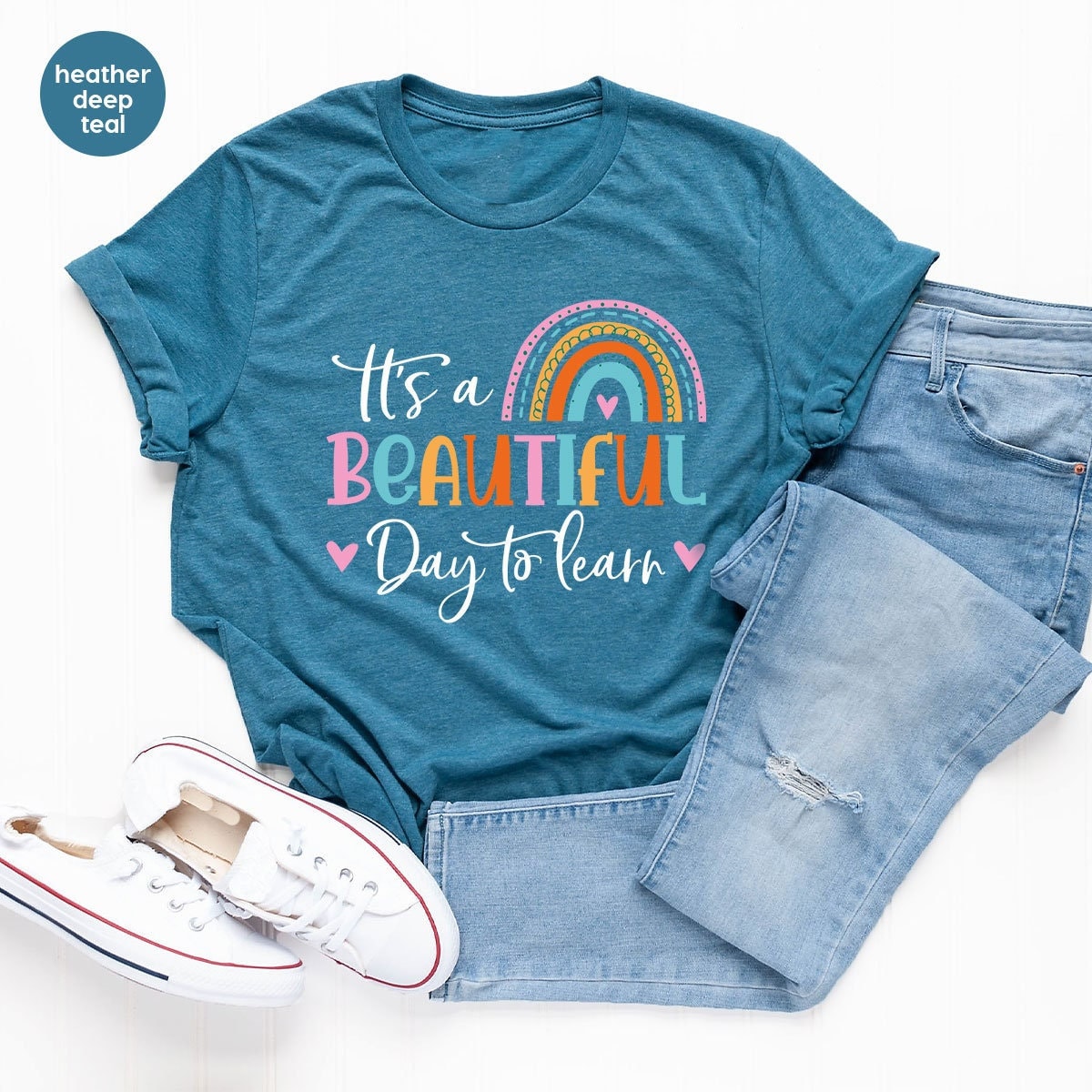 Colorful Teacher Shirt, It's a Beautiful Day to Learn, Inspirational Hraphic Tees, Shirts for Women, Back to School Tshirt, Gift for Her