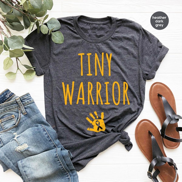 Tiny Warrior Gold Cancer Ribbon Graphic Tee, Childhood Cancer Crewneck Shirt, Mama of a Cancer Warrior Shirt, Pediatric Cancer Survivor Gift