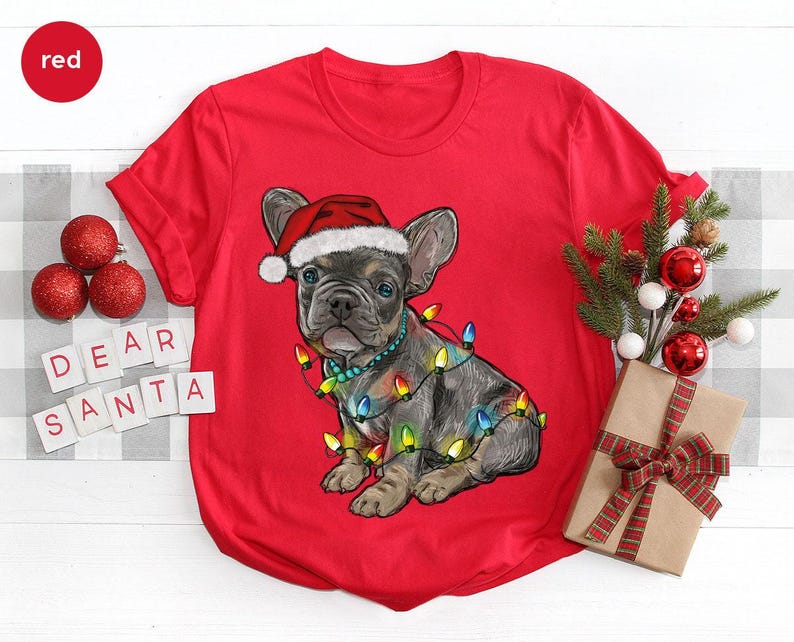 French Bulldog Christmas Dog Mom Sweatshirts, Holiday Xmas Party Dog Graphic Tees for Dog Owner, Christmas French Bulldog Gifts for Dog Dad image 1