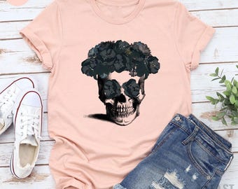 Halloween Shirt, Funny Skull Shirt, Skull Graphic T-Shirt, Gifts For Halloween, Flower Shirt, Floral Tshirt, Gothic Shirt, Fall Shirts
