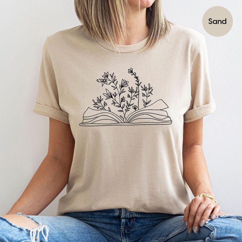 Minimalist Book Tshirt, Cute Wild Flower Shirt, Gifts for Bookworm, Reading Book Shirts, Aesthetic Floral Tshirt, Minimal Gift for Librarian image 2