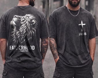 Comfort Colors® Christian Fathers Day Shirt, Custom Name Fatherhood Is Kingdom Work Tee, Christian Dad Gift, Personalized Lion Cross Shirt