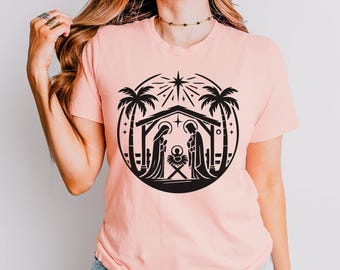 Tropical Nativity Shirt, Coastal Holy Family Tee, Palm Tree Jesus Apparel, Minimalist Religious Graphic Shirt, Christian Graphic Tee