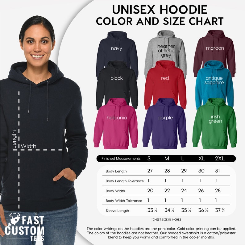 May include: A navy blue unisex hoodie with a size chart showing different colours and measurements in inches. The chart includes colours like black, red, and purple. The text "UNISEX HOODIE COLOR AND SIZE CHART" is at the top. The hoodie is cotton/polyester blend.
