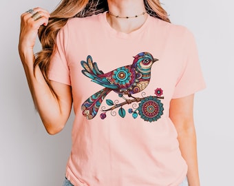 Intricate Bird Illustration Shirt, Bohemian Folk Art Apparel, Colorful Nature Design for Art Lovers, Unique Mandala Bird Tee