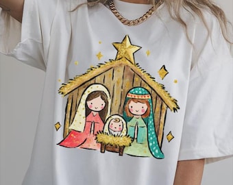 Comfort Colors® Nativity Scene Shirt, Christmas Story Tee, Religious Holiday Shirt, Christian Christmas Gift, Manger Scene Shirt