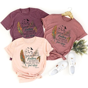 Bible Verse Shirt, Christian Graphic Tees For Women, He Will Cover You With His Feathers and Under His Wings You Will Find Refuge Psalm 91 4 画像 1
