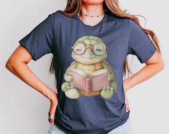 Happy Turtle Reading Book Shirt, Cute Animal Reader Graphic Tee for Cozy Book Lovers and Nature Lovers, Whimsical Outfit Style