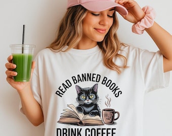Vintage Cat Reading Shirt, Cozy Coffee Lover Graphic Shirt, Cute Cat Lover Gift, Retro Cat Apparel, Cute Book Lover Shirt
