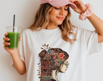 Bookshelf Woman Floral Shirt, Artistic Book Lover Graphic Tee for Cozy Readers and Literary Fashion Lovers, Aesthetic Outfit Style