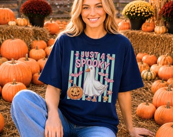 Comfort Colors® Cute Halloween Goose Shirt, Ghost Costume Graphic Tee with Pink Bats and Pumpkin, Funny Goose Halloween Tee