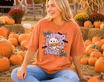 Comfort Colors® Personalized Halloween Teacher Shirt, Cute Ghost Teacher Tee with Bats and Pumpkin, Kawaii Festive Educator Gift