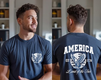 Vintage America 1776 Shirt, Patriotic Eagle Women V-neck Tee, 4th of July Land of the Free Shirt, Double Sided American Flag Women Tanktop