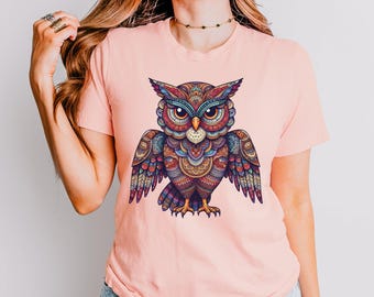Intricate Owl Illustration Shirt, Vibrant Owl Design for Art Lovers, Symbolic Wisdom Nature Shirt, Colorful Owl Apparel Gift
