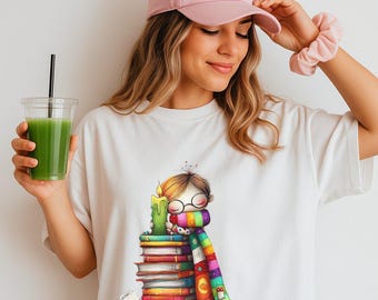 Colorful Book Stack Shirt, Cozy Sleeping Reader Graphic Tee for Book and Library Lovers, Whimsical Outfit, Trendy Reader Shirt Style