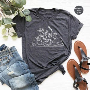 Minimalist Book Tshirt, Cute Wild Flower Shirt, Gifts for Bookworm, Reading Book Shirts, Aesthetic Floral Tshirt, Minimal Gift for Librarian image 4