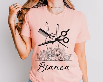 Personalized Floral Hair Stylist Shirt, Custom Hairdresser Name Tee, Beauty Salon Scissors Graphic Shirt, Barber Salon Apparel
