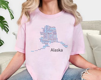 Comfort Colors®Alaska Word Cloud Shirt, State Pride Apparel, Alaska Geographic Identity Unisex Tank Top for Residents and Travelers