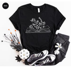 Minimalist Book Tshirt, Cute Wild Flower Shirt, Gifts for Bookworm, Reading Book Shirts, Aesthetic Floral Tshirt, Minimal Gift for Librarian image 5