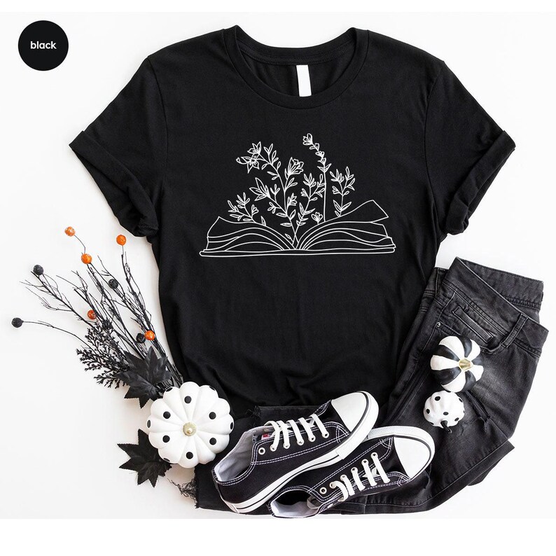 Minimalist Book Tshirt, Cute Wild Flower Shirt, Gifts for Bookworm, Reading Book Shirts, Aesthetic Floral Tshirt, Minimal Gift for Librarian image 5